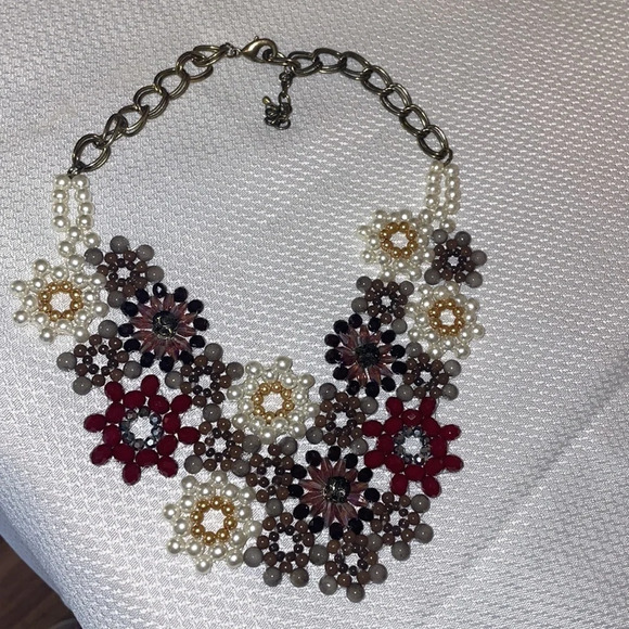 women’s necklace statement bib beads jewels Handmade pearl bead cream accent - Picture 2 of 4